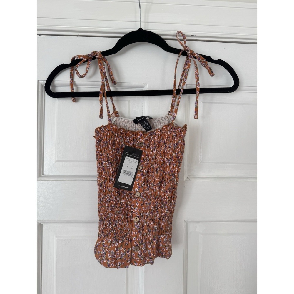 New Look Orange Floral Smocked Button-Front Cami Top Size 4 NWT